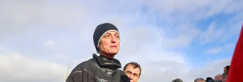 LES SABLES D'OLONNE, FRANCE - JANUARY 25, 2025 : TeamWork - Team Snef skipper Justine Mettraux (SUI) is photographed after taking 8th place in the Vendee Globe, on January 25, 2025 in Les Sables d'Olonne, France - (Photo by LloydImages / Alea)