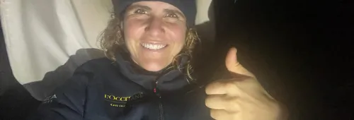 RACE, JANUARY 27, 2025 : Photo sent from the boat L’Occitane en Provence after crossing he line, to celebrate 11th place in the Vendee Globe sailing race on January 27, 2025. (Photo by skipper Clarisse Crémer)