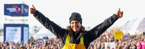 LES SABLES D’OLONNE, FRANCE - FEBRUARY 01, 2025 : L’Occitane en Provence skipper Clarisse Crémer (FRA) is photographed on stage after taking 11th place in the Vendee Globe, on February 01, 2025 in Les Sables d'Olonne, France - (Photo by Lloyd Images / Alea)