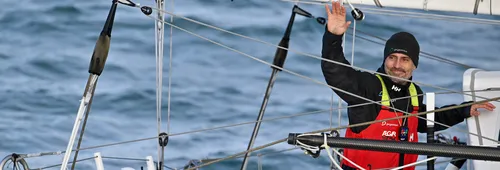 LES SABLES D’OLONNE, FRANCE - FEBRUARY 04, 2025 : Prysmian skipper Giancarlo Pedote (ITA) is photographed after taking 22nd place in the Vendee Globe, on February 04, 2025 in Les Sables d'Olonne, France - (Photo by Jean-Louis Carli / Alea)