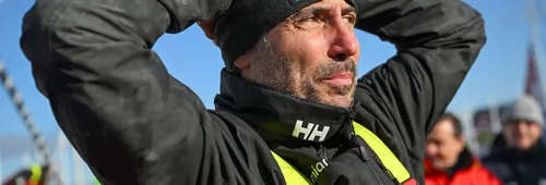LES SABLES D’OLONNE, FRANCE - FEBRUARY 04, 2025 : Prysmian skipper Giancarlo Pedote (ITA) is photographed after taking 22nd place in the Vendee Globe, on February 04, 2025 in Les Sables d'Olonne, France - (Photo by Vincent Curutchet / Alea)