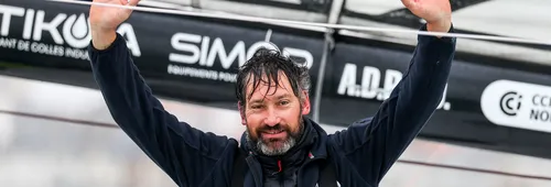 LES SABLES D’OLONNE, FRANCE - FEBRUARY 09, 2025 : Fives Group - Lantana Environnement skipper Louis Duc (FRA) is photographed after taking 26th place in the Vendee Globe, on February 09, 2025 in Les Sables d'Olonne, France - (Photo by Jean-Marie Liot / Alea)