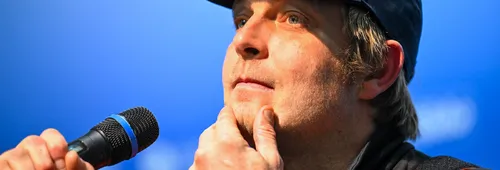 LES SABLES D’OLONNE, FRANCE - FEBRUARY 17, 2025 : Tut Gut. Sailing skipper Oliver Heer (SUI) is photographed during his press conference after taking 29th place in the Vendee Globe, on February 17, 2025 in Les Sables d'Olonne, France - (Photo by Vincent Curutchet / Alea)