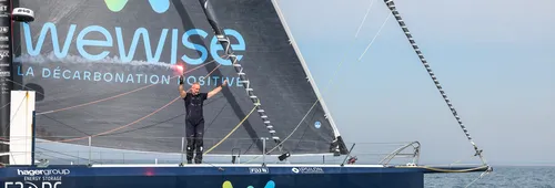 LES SABLES D'OLONNE, FRANCE - 04 MARS 2025 : Nexans - Fabrice Amedeo (FRA), skipper de Wewise, fête sa 32ème place dans le Vendée Globe, le 04 mars 2025 aux Sables d'Olonne, France - (Photo by Jean-Marie Liot / Alea)