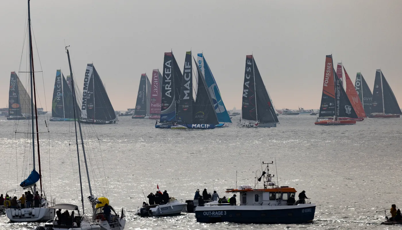 LES SABLES D'OLONNE, FRANCE - 10 NOVEMBRE 2024 : La flotte des concurrents est photographiée lors du départ du Vendée Globe, le 10 novembre 2024 aux Sables d'Olonne, France - (Photo by Jean-Marie Liot / Alea)
