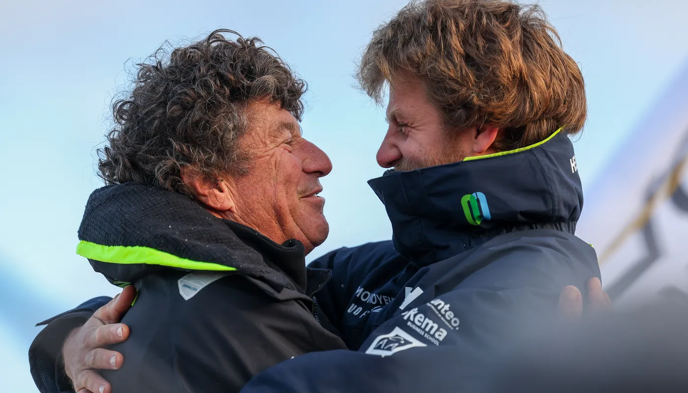 LES SABLES D'OLONNE, FRANCE - 04 FEVRIER 2025 : Tout Commence en Finistère - Jean le Cam (FRA), skipper d'Armor Lux, est félicité par Benjamin Ferré (FRA), skipper de Monnoyeur - DUO for a JOB, après avoir pris la 20ème place du Vendée Globe, le 04 février 2025 aux Sables d'Olonne, France - (Photo by Jean-Marie Liot / Alea)