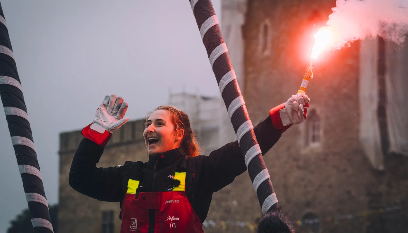 LES SABLES D'OLONNE, FRANCE - 09 FEVRIER 2025 : Violette Dorange (FRA), skipper de DeVenir, est photographiée après avoir pris la 25ème place du Vendée Globe, le 09 février 2025 aux Sables d'Olonne, France - (Photo by Vincent Curutchet / Alea)
