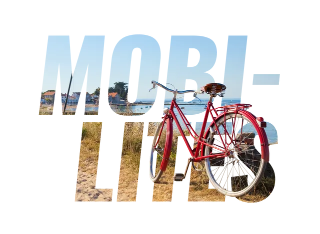 texte : mobilité. Texture du texte avec un paysage de bord de mer et un vélo