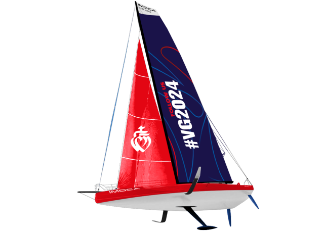 3D representation of an Imoca, in profile and slightly low-angled. The headsail and hull are red, the mainsail blue with the inscription #VG2024.
