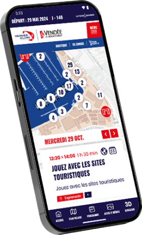 A smartphone mock-up showing the Village Map tab of the Vendée Globe 2024 app