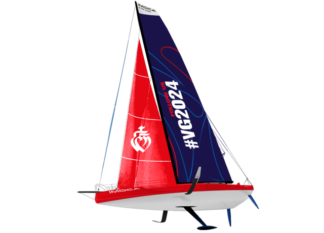 Représentation 3D d’un Imoca, de profil un peu en contre-plongée. La voile avant et la coque sont rouges, la grand-voile bleue avec l’inscription #VG2024.