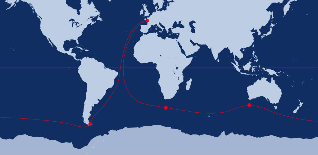 A world map showing the Vendée Globe's strategic waypoints